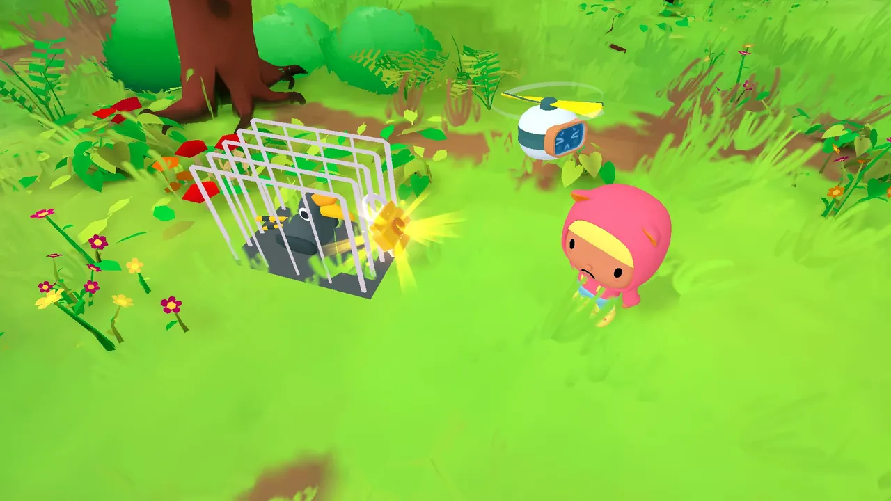Animals to the Rescue: a girl next to a caged animal in a green meadow